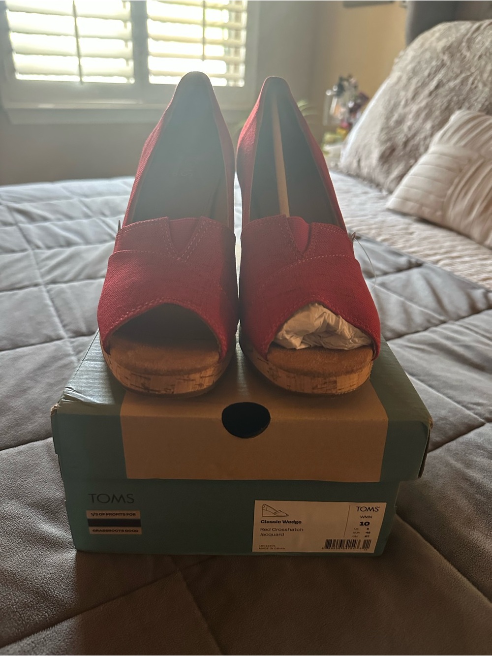 TOMS Red Open-Toe Cork Wedge Sandals
